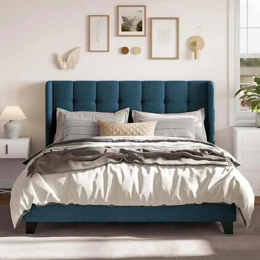 Fabric Upholstered Square Stitched Headboard and Wooden Slats Beds and Furniture for Home Mattress Basics Wingback Bed Set Frame