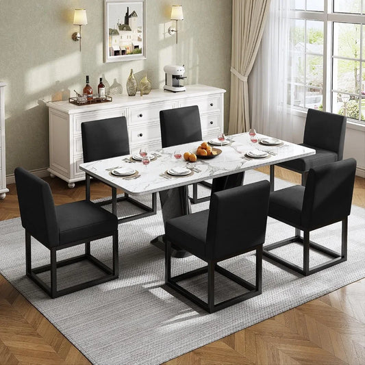 Mid Century Linen Dining Chairs Set of 6, Modern Upholstered Dinner Chairs with Metal Frame for Restaurant, Dining Room, Kitchen
