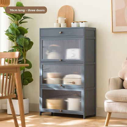 Kitchen shelves Floor-to-ceiling multi-layer storage cabinets with doors, cabinets, dishes, pots and pans, electrical appliances