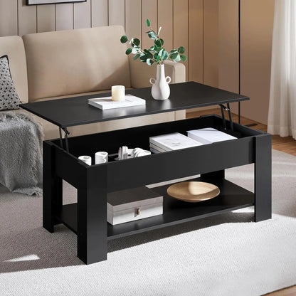 coffee Table with Hidden Compartment and Storage Shelf, Rising Tabletop Dining Table for Living Room Reception Room, 47.5in L, B
