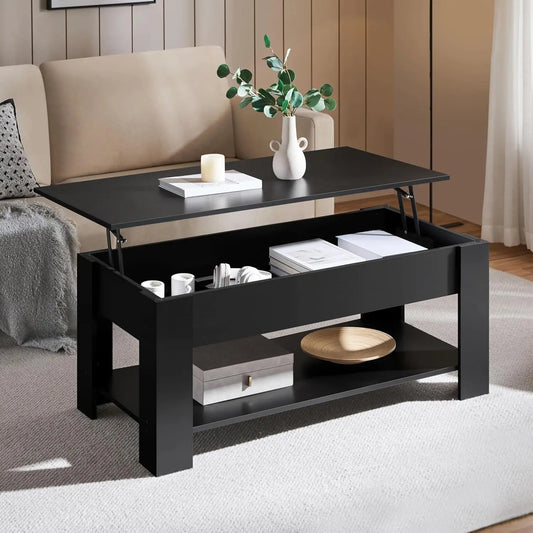 coffee Table with Hidden Compartment and Storage Shelf, Rising Tabletop Dining Table for Living Room Reception Room, 47.5in L, B