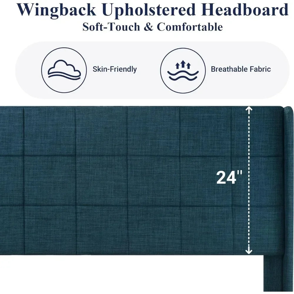 Fabric Upholstered Square Stitched Headboard and Wooden Slats Beds and Furniture for Home Mattress Basics Wingback Bed Set Frame