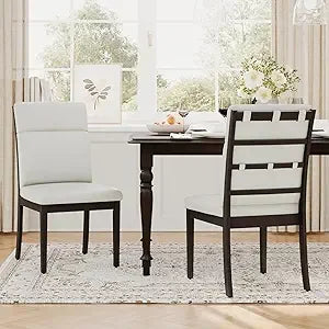 Upholstered Dining Chairs Set of 4, PU Leather Ladder High Back Dining Room Kitchen Side Chair with Adjustable Foot Pegs, Dark