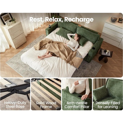 2-in-1 Pull-Out Sofa Bed, Convertible Chenille Sofa with 20W Fast Charging, LED Light, Foam Couch Layered Cushion Trim