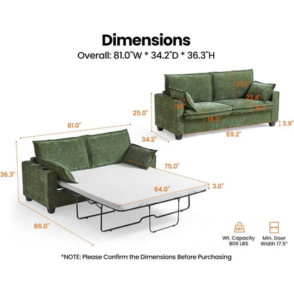 2-in-1 Pull-Out Sofa Bed, Convertible Chenille Sofa with 20W Fast Charging, LED Light, Foam Couch Layered Cushion Trim