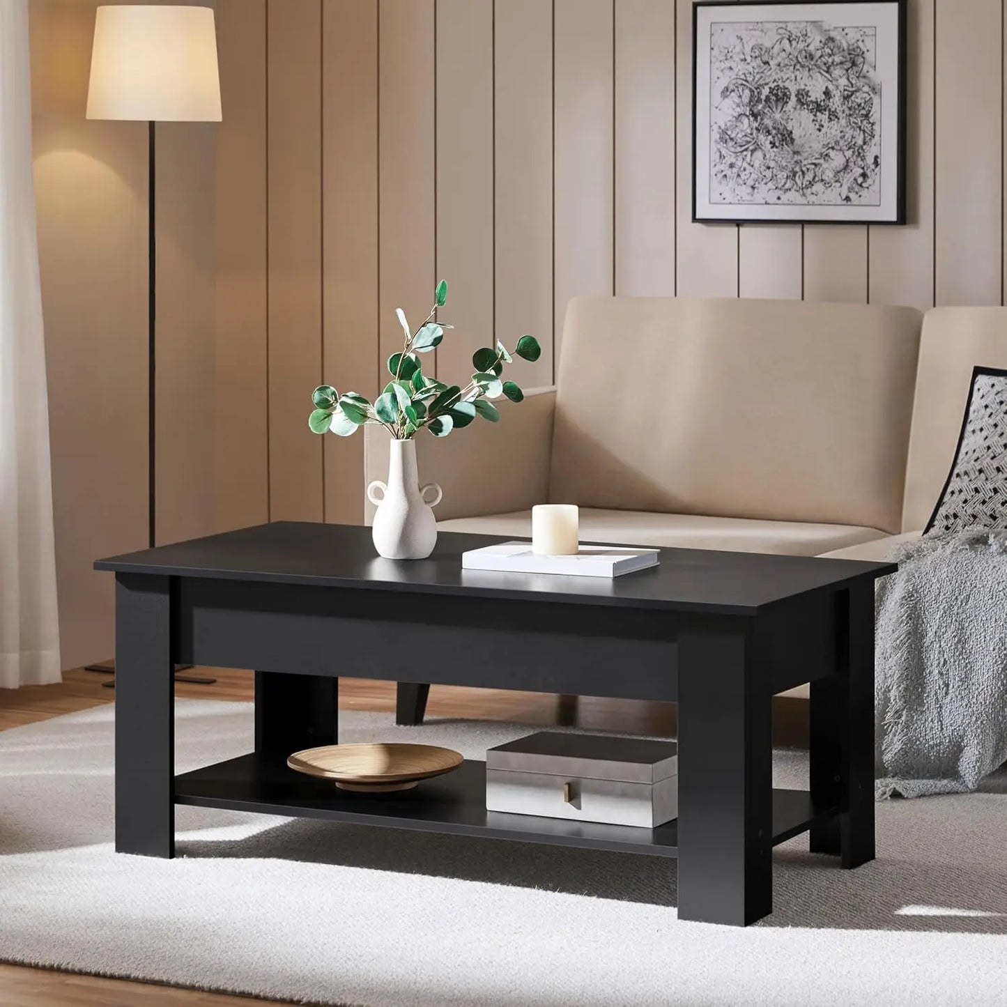 coffee Table with Hidden Compartment and Storage Shelf, Rising Tabletop Dining Table for Living Room Reception Room, 47.5in L, B