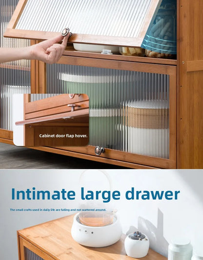 Kitchen shelves Floor-to-ceiling multi-layer storage cabinets with doors, cabinets, dishes, pots and pans, electrical appliances