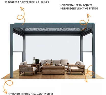 Louver Pergola with LED Light Aluminum Electric Wall Mounted Pavilion Waterproof 6x4 Louvered Aluminium Bioclimatic Pergolas