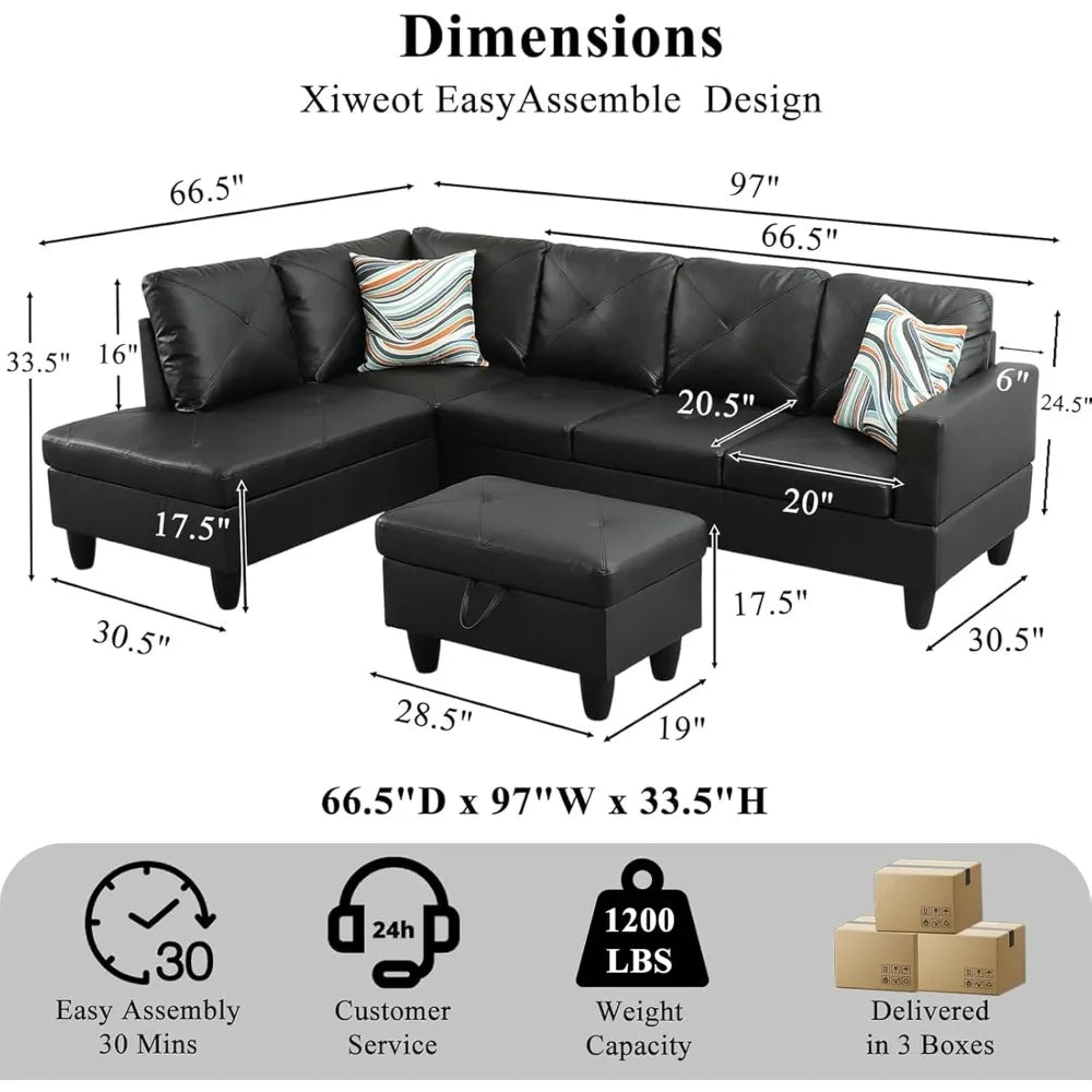 Sectional Sofa Couch,97" Modern 6-Seaters Living Room Sets with Left Facing Chaise Lounge, Movable Ottoman & 2 Pillows L Shaped