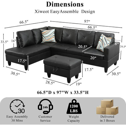 Sectional Sofa Couch,97" Modern 6-Seaters Living Room Sets with Left Facing Chaise Lounge, Movable Ottoman & 2 Pillows L Shaped
