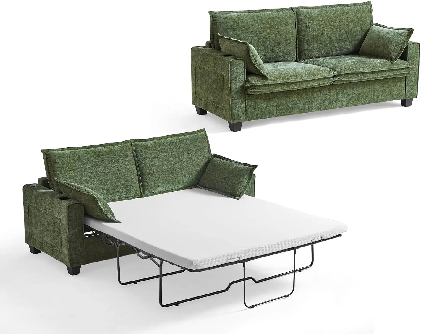 2-in-1 Pull-Out Sofa Bed, Convertible Chenille Sofa with 20W Fast Charging, LED Light, Foam Couch Layered Cushion Trim
