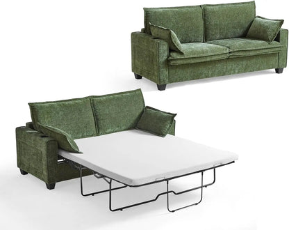 2-in-1 Pull-Out Sofa Bed, Convertible Chenille Sofa with 20W Fast Charging, LED Light, Foam Couch Layered Cushion Trim