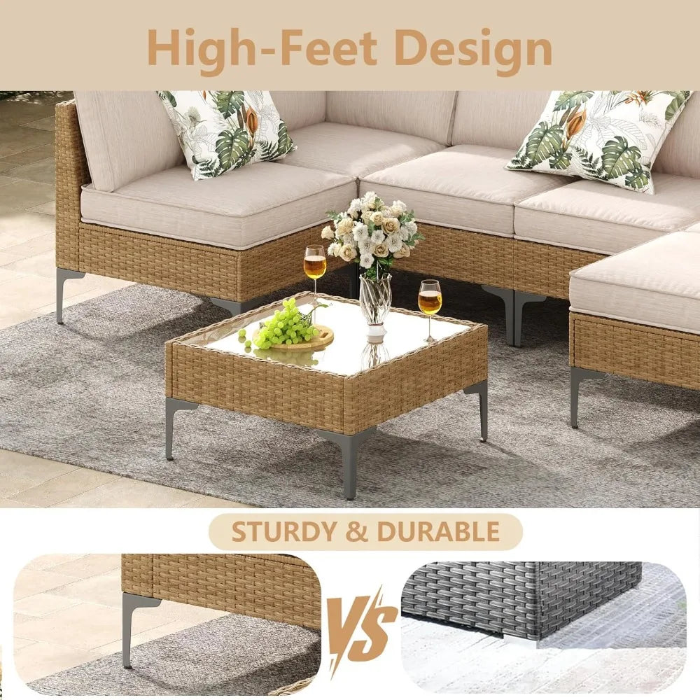 Jing's Villa 7-Piece Outdoor Patio Furniture Set,Rattan Conversation Sectional Sofa w/Coffee Table, All-Weather Patio Conversati