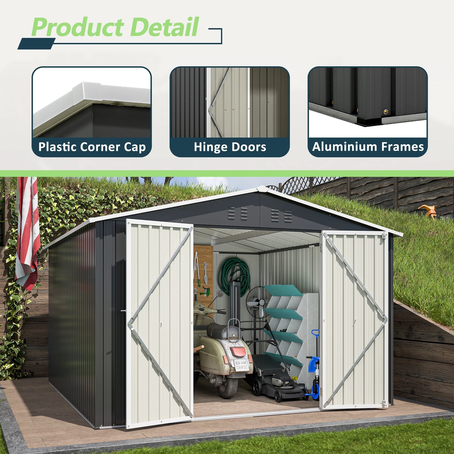 LZBEITEM Outdoor Storage Shed 10x10 FT, Utility Metal Tool Storage with Lockable Doors and Updated Frame Structure, Black