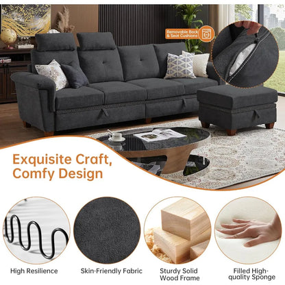 110" Convertible L-Shaped Sectional Sofa | 4-Seat Couch with Ottoman, Storage & Cup Holders