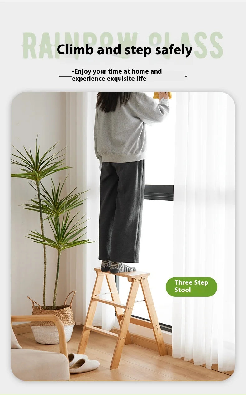 Household Solid Wood Folding Ladder Folding Chair Thickened Climbing Wooden Step Stool (Natural Wood Color)