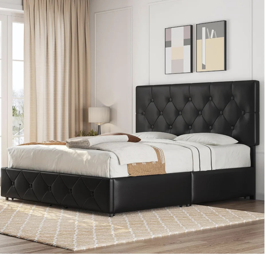 Queen Size Upholstered Bed Frame with 4 Drawers and Adjustable Headboard, Faux Leather Platform Bed with Mattress Foundation St