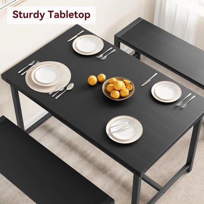 Dining Table Set for 4, Kitchen Table with Benches, Rectangular Dining Room Table Set with 2 Metal Wood Benches, 3 Piece Dining