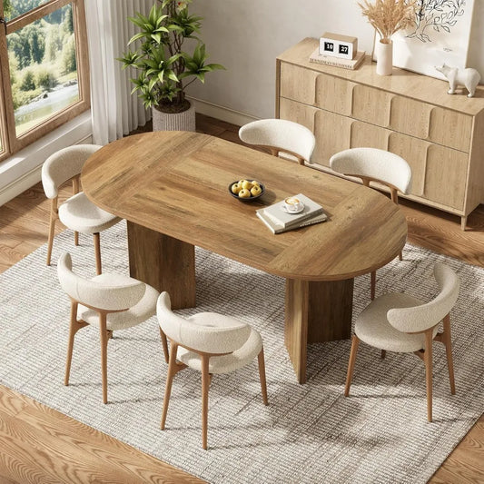 63" Rustic Oval Dining Table for 4-6, Sturdy MDF Farmhouse Kitchen Table with Metal Strip Base, for Living Room, Office, Restau
