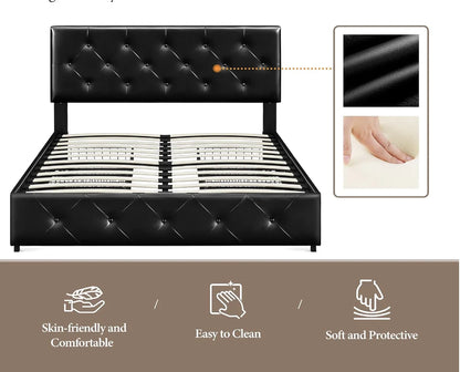 Queen Size Upholstered Bed Frame with 4 Drawers and Adjustable Headboard, Faux Leather Platform Bed with Mattress Foundation St