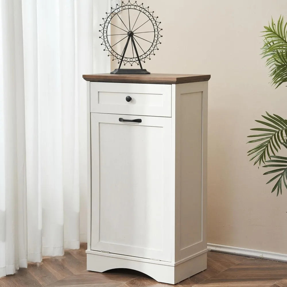 13 Gallons Tilt Out Trash Cabinet Freestanding Kitchen Trash Bin Cabinet Wood Garbage Recycling Cabinet with Hideaway Drawer Pet