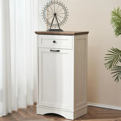 13 Gallons Tilt Out Trash Cabinet Freestanding Kitchen Trash Bin Cabinet Wood Garbage Recycling Cabinet with Hideaway Drawer Pet