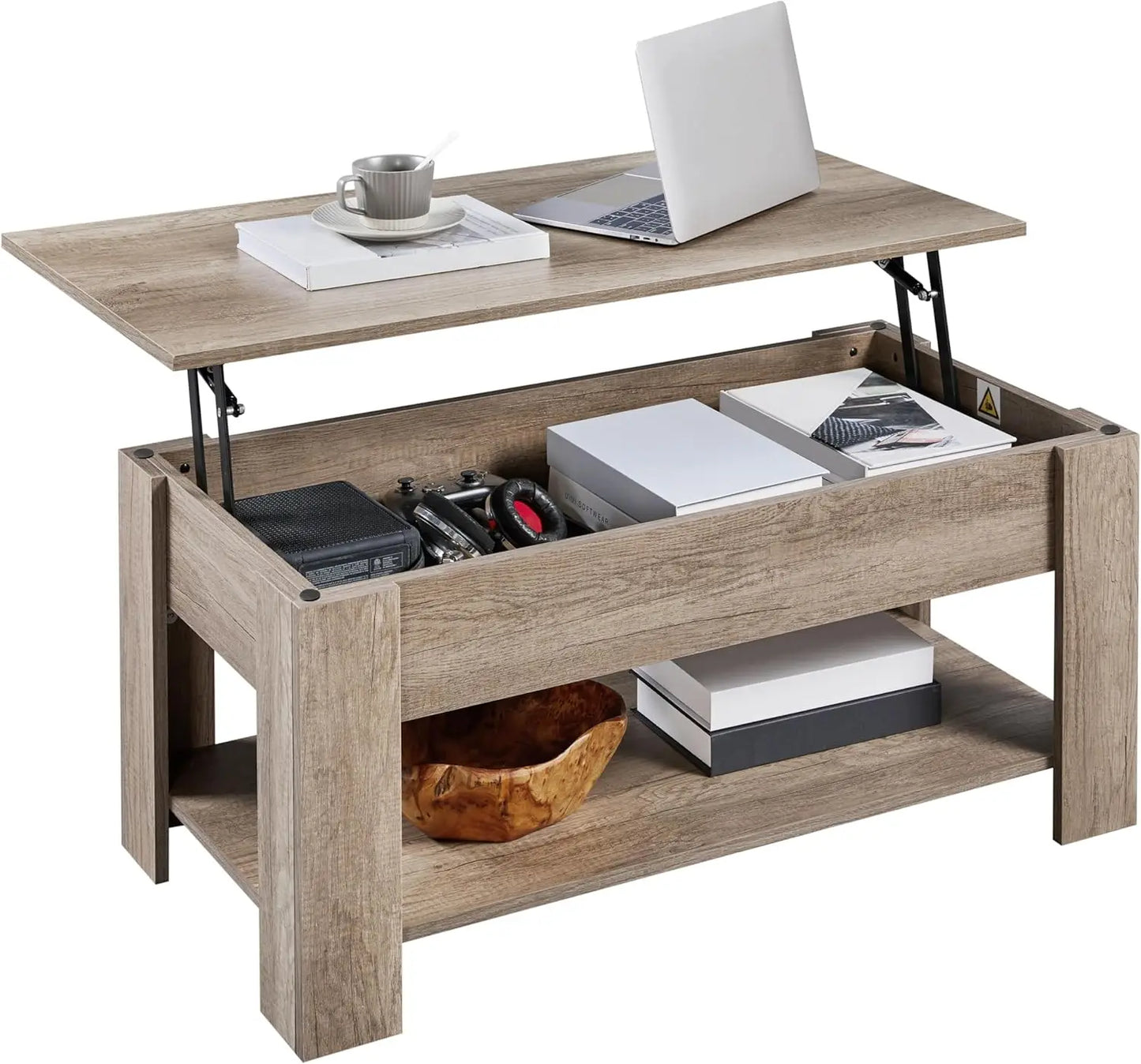 coffee Table with Hidden Compartment and Storage Shelf, Rising Tabletop Dining Table for Living Room Reception Room, 47.5in L, B