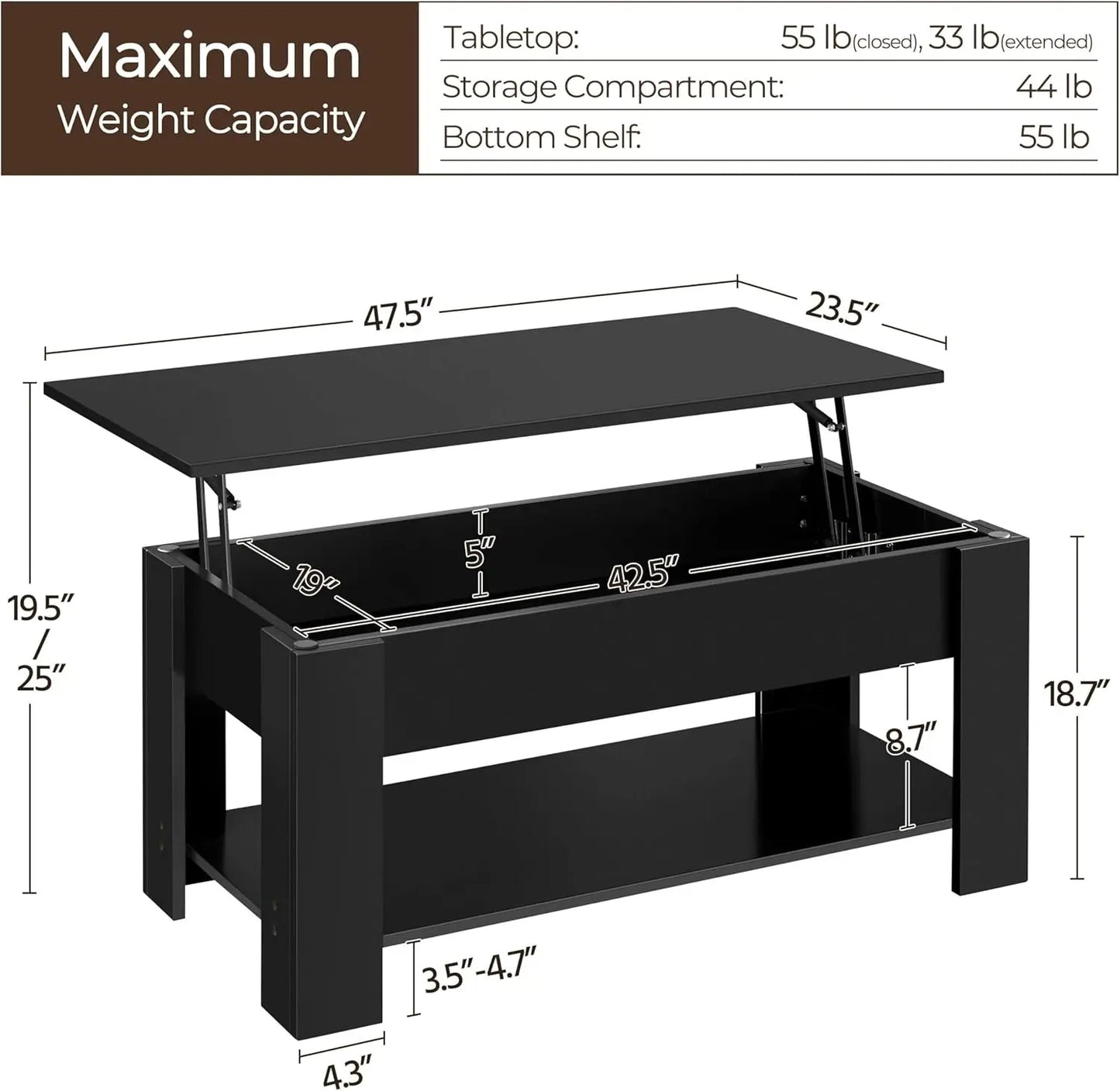 coffee Table with Hidden Compartment and Storage Shelf, Rising Tabletop Dining Table for Living Room Reception Room, 47.5in L, B