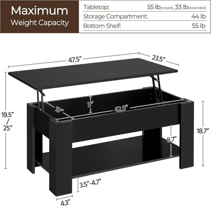 coffee Table with Hidden Compartment and Storage Shelf, Rising Tabletop Dining Table for Living Room Reception Room, 47.5in L, B