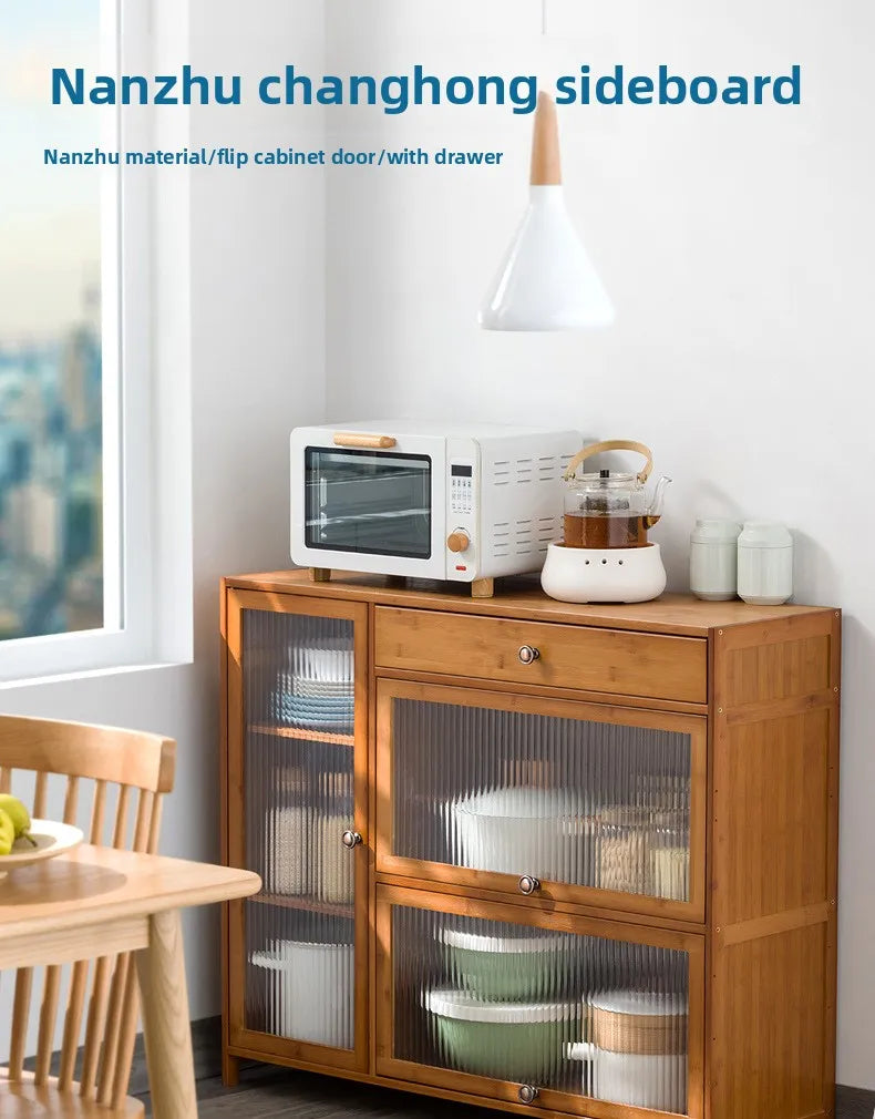 Kitchen shelves Floor-to-ceiling multi-layer storage cabinets with doors, cabinets, dishes, pots and pans, electrical appliances