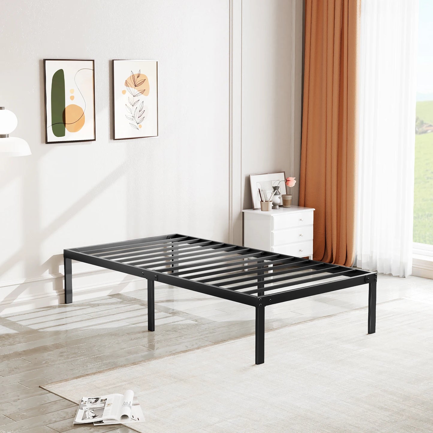 JHK Basic Twin Full Queen King Size Bed Frame Metal Platform Bedroom Frames with Storage Space Sturdy Steel Slat Support 350LBS