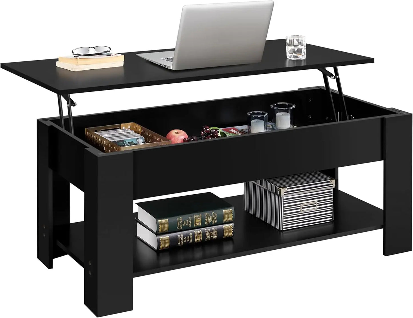 coffee Table with Hidden Compartment and Storage Shelf, Rising Tabletop Dining Table for Living Room Reception Room, 47.5in L, B