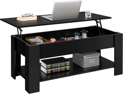 coffee Table with Hidden Compartment and Storage Shelf, Rising Tabletop Dining Table for Living Room Reception Room, 47.5in L, B