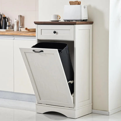 13 Gallons Tilt Out Trash Cabinet Freestanding Kitchen Trash Bin Cabinet Wood Garbage Recycling Cabinet with Hideaway Drawer Pet