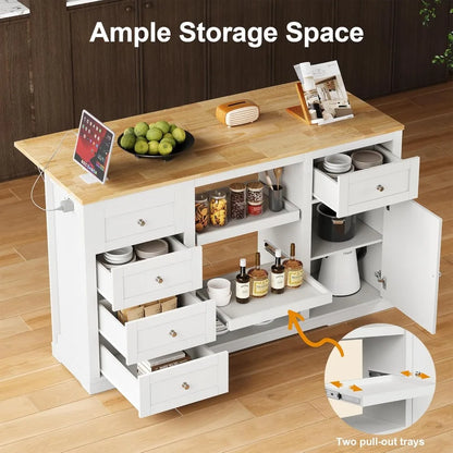 Kitchen Island with Storage and Drop Leaf, Island Table for Kitchen, Coffee Station Cabinet with Rubber Wood Top
