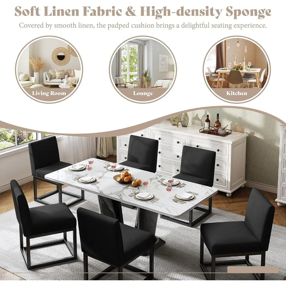 Mid Century Linen Dining Chairs Set of 6, Modern Upholstered Dinner Chairs with Metal Frame for Restaurant, Dining Room, Kitchen
