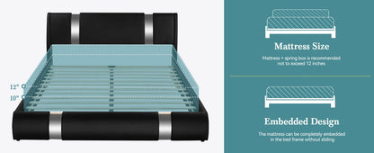 HOOMIC Modern Faux Leather Bed Frame with Iron Pieces Decor, Low Profile Platform Bed with Height-Adjustable Headboard