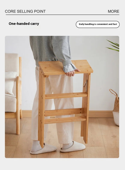Household Solid Wood Folding Ladder Folding Chair Thickened Climbing Wooden Step Stool (Natural Wood Color)