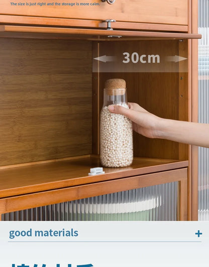 Kitchen shelves Floor-to-ceiling multi-layer storage cabinets with doors, cabinets, dishes, pots and pans, electrical appliances