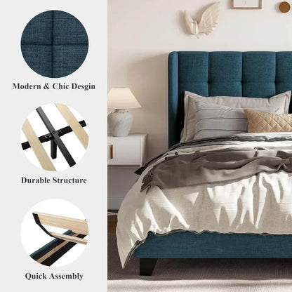 Fabric Upholstered Square Stitched Headboard and Wooden Slats Beds and Furniture for Home Mattress Basics Wingback Bed Set Frame