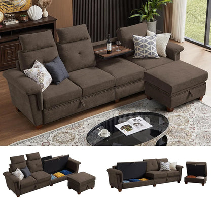 110" Convertible L-Shaped Sectional Sofa | 4-Seat Couch with Ottoman, Storage & Cup Holders
