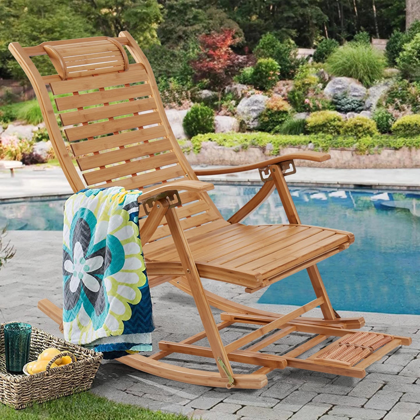 Heavy Duty Bamboo Rocking Chair Adjustable Lounge Recliner Leisure Living Room