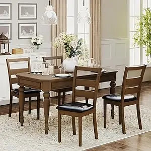 Upholstered Dining Chairs Set of 4, PU Leather Ladder High Back Dining Room Kitchen Side Chair with Adjustable Foot Pegs, Dark