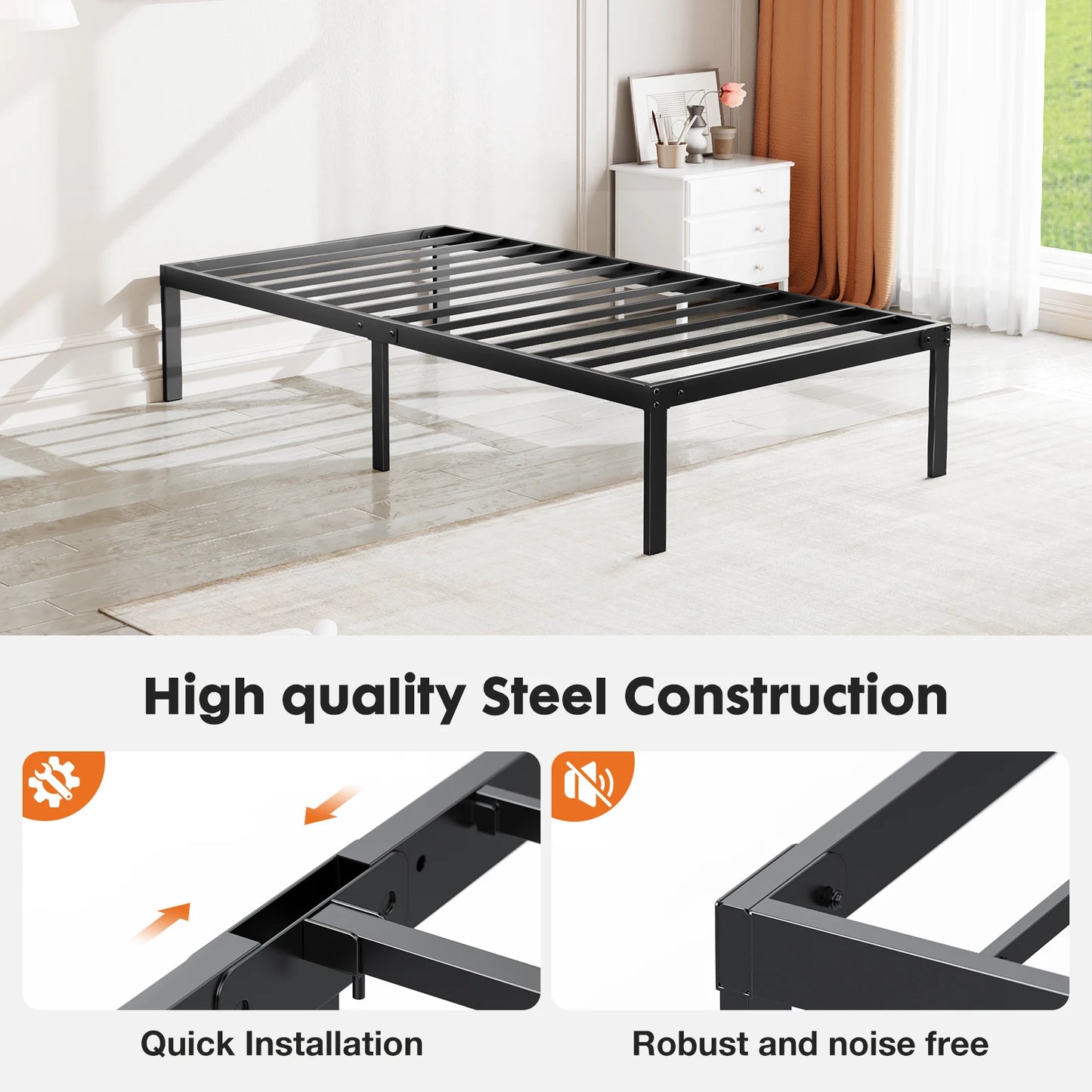 JHK Basic Twin Full Queen King Size Bed Frame Metal Platform Bedroom Frames with Storage Space Sturdy Steel Slat Support 350LBS
