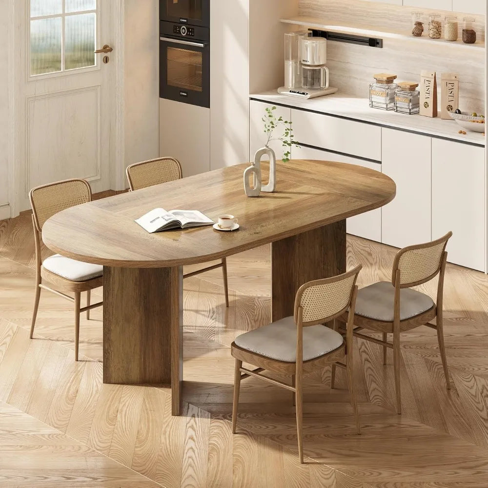 63" Rustic Oval Dining Table for 4-6, Sturdy MDF Farmhouse Kitchen Table with Metal Strip Base, for Living Room, Office, Restau
