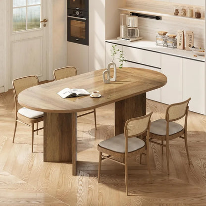 63" Rustic Oval Dining Table for 4-6, Sturdy MDF Farmhouse Kitchen Table with Metal Strip Base, for Living Room, Office, Restau