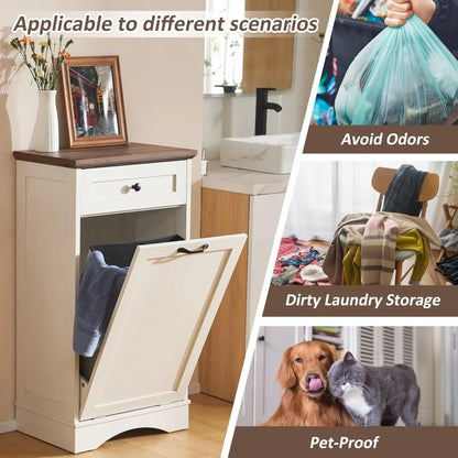 13 Gallons Tilt Out Trash Cabinet Freestanding Kitchen Trash Bin Cabinet Wood Garbage Recycling Cabinet with Hideaway Drawer Pet