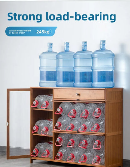 Kitchen shelves Floor-to-ceiling multi-layer storage cabinets with doors, cabinets, dishes, pots and pans, electrical appliances