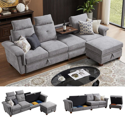 110" Convertible L-Shaped Sectional Sofa | 4-Seat Couch with Ottoman, Storage & Cup Holders