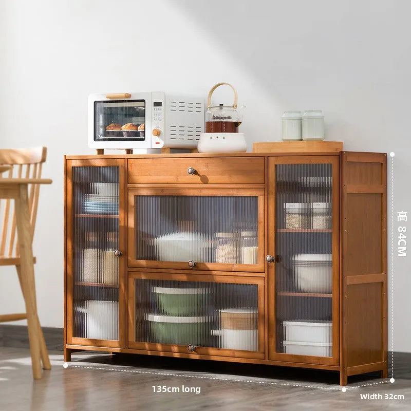 Kitchen shelves Floor-to-ceiling multi-layer storage cabinets with doors, cabinets, dishes, pots and pans, electrical appliances